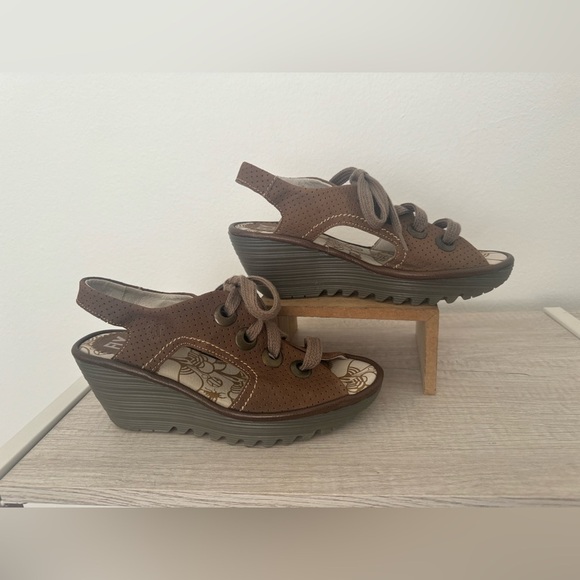 Fly London Shoes - Fly London Ylva Tan Wedge Lace-up Sandals Perforated Leather Boho Sz 37 US 6.5-7